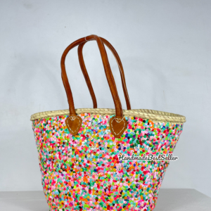 Straw bag multi color sequins-leather handles